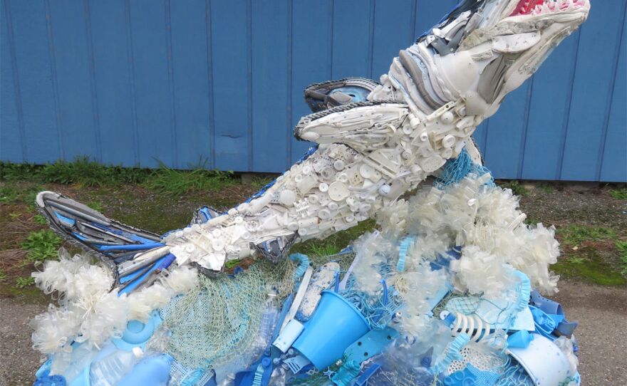 Another finished product, designed by A trash sculpture honoring sea life, designed by Oregon-based artist Angela Haseltine Pozzi.