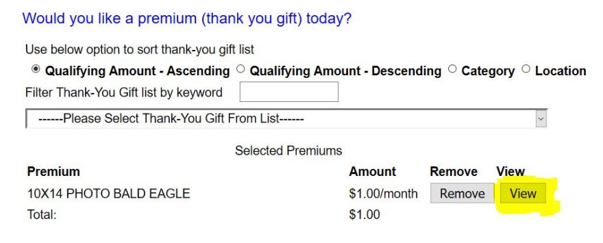 View details about a thank-you gift selected from the drop-down menu.