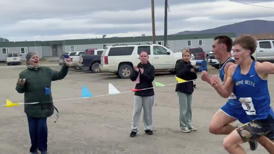 Bethel Warriors senior Jackson Iverson runs neck and neck with Nome-Beltz Nanooks senior Granite Peacock moments before Iverson took first place by a single second in the 3A Big West regional championships in Nome on Sept. 26, 2026.