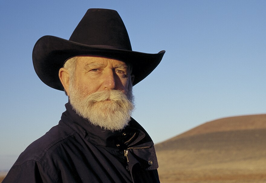 James Turrell in front of the Roden Crater Project in October 2001.
