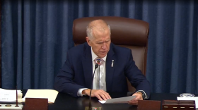 Sen. Thom Tillis of North Carolina reads the final vote tally in a bill that gives federal recognition to the Lumbee Tribe of North Carolina on Dec. 17, 2025.