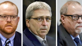 FILE - This photo combo shows, from left, Travis McMichael, William "Roddie" Bryan, and Gregory McMichael during their trial at at the Glynn County Courthouse in Brunswick, Ga. The jury is deliberating in the federal hate crimes trial of three white men in the killing of Ahmaud Arbery. Jurors discussed the case for three hours Monday, Feb. 21, 2022, and were to resume Tuesday morning. The three men are serving life sentences for the murder of the 25-year-old Black man. (Pool, File)