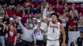 Alabama guard Mark Sears (1) celebrates after his 3-point basket during the first half of an NCAA college basketball game against North Carolina Asheville, Monday, Nov. 4, 2024, in Tuscaloosa, Ala. (AP Photo/Vasha Hunt)