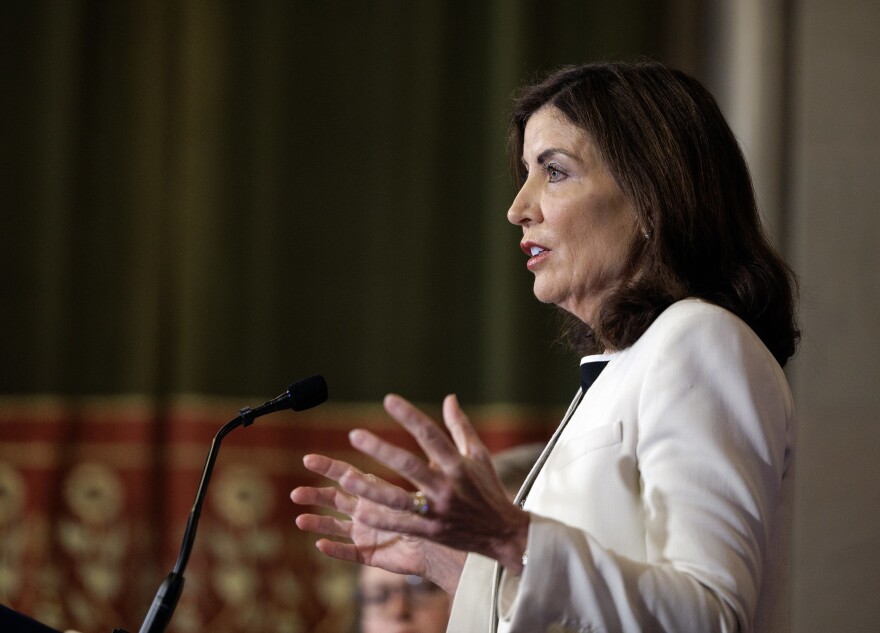 Gov. Kathy Hochul speaks during a news conference on Sept. 26, 2023, in the Red Room at the State Capitol.