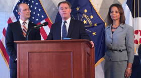 From left: Christian Theological Seminary President Matthew Myer Boulton, Indianapolis Mayor Joe Hogsett and CTS Vice President of Academic Affairs Leah Gunning Francis at a news conference announcing that the City of Indianapolis would be a community partner in the Faith & Action Project.