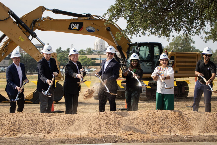 Waco City Council members and city officials turn over the ceremonial first shovel during the Barron's Branch groundbreaking ceremony on Thursday, September 24, 2026. The project is the first phase of a larger downtown redevelopment plan that could eventually include a ballpark district, a new convention center and a performing arts center.