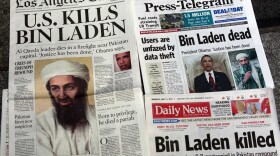 Los Angeles-area newspapers headline the death of Osama bin Laden on May 2, 2011. (Nick Ut/AP)