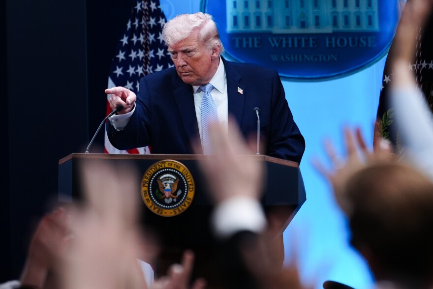 President Donald Trump speaks with reporters in the James Brady Press Briefing Room at the White House, Monday, April 6, 2026, in Washington. (AP Photo/Julia Demaree Nikhinson)