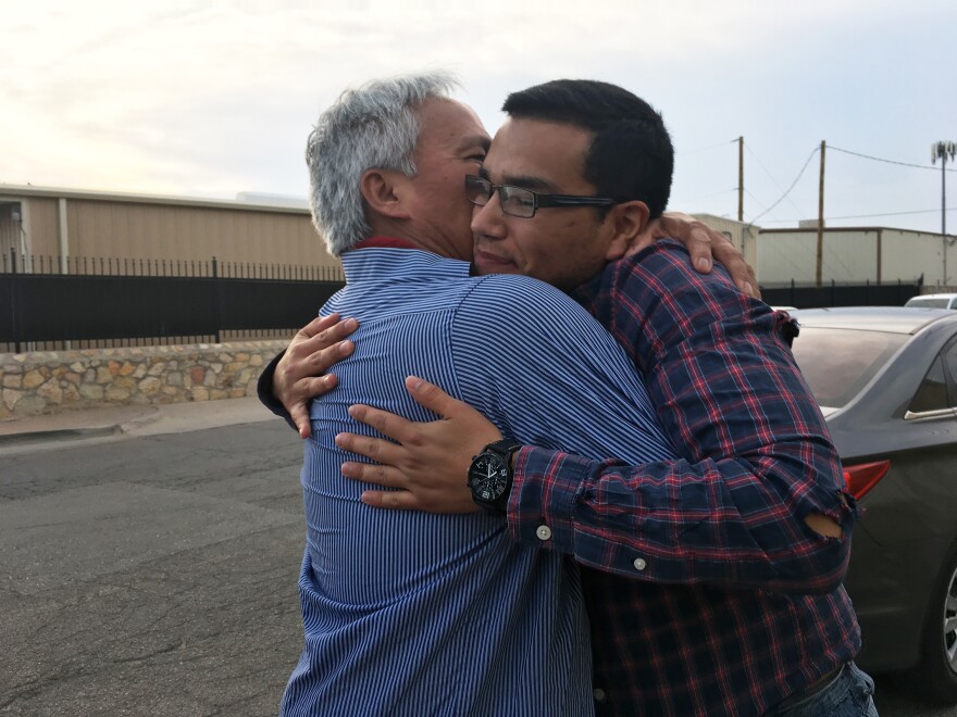 Emilio hugs his son Oscar, 25, after being released by ICE. He and his son fled Mexico together in 2008. Emilio claims the military threatened him for writing articles in a small-town paper about soldiers robbing a hotel.
