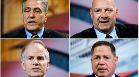 In this April 1, 2022 photo combination shown, clockwise from top left are Lou Barletta, Pennsylvania state Sen. Doug Mastriano, R-Franklin, David White and Bill McSwain  at a forum for Republican candidates for governor of Pennsylvania at the Pennsylvania Leadership Conference in Camp Hill, Pa. The four are scheduled to meet in Harrisburg, Pa., for a debate on Wednesday, April 27, 2022.