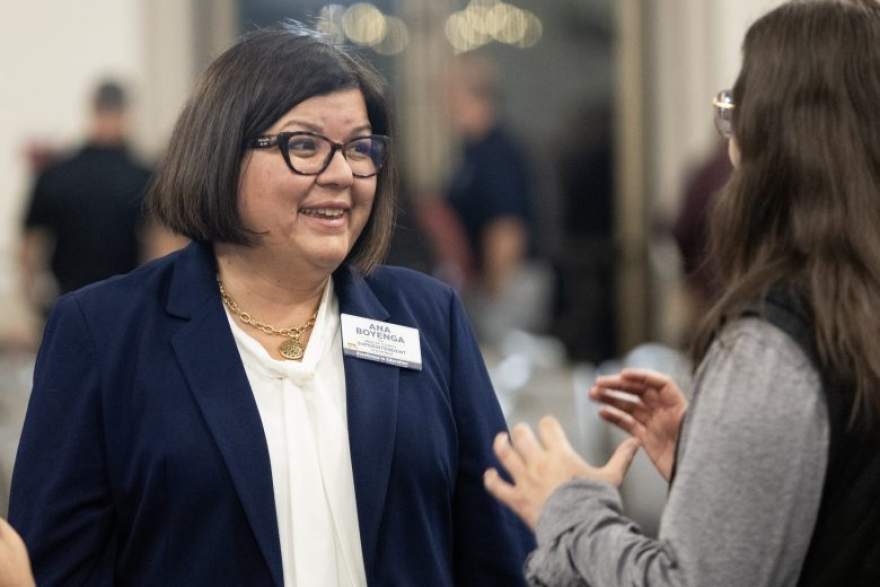 Ana Boyenga, candidate for Merced County Superintendent of Schools, speaks with supporters following a debate in Merced, Calif., on Tuesday, Sept. 29, 2026.