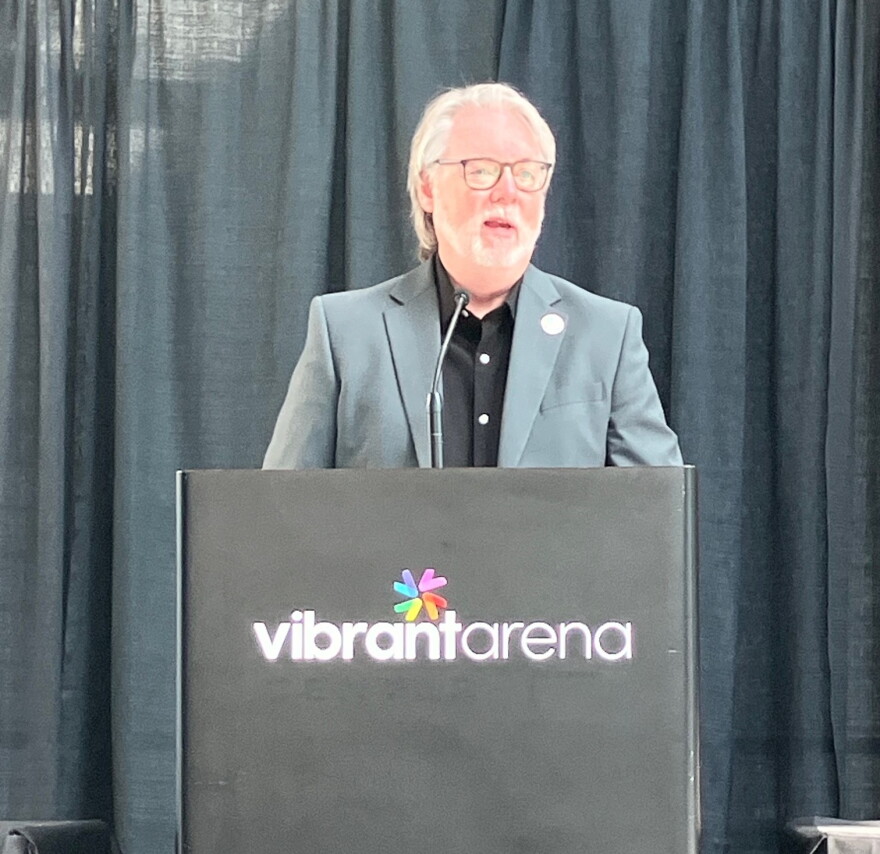 Rik Edgar, new executive director of Vibrant Arena at The MARK, spoke at a press conference in the Moline arena Tuesday, Sept. 1, 2026.