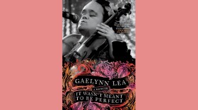 Cover of "It Wasn't Meant to Be Perfect" by Gaelynn Lea; black and white image of a person playing a violin above an ornate and colorful presentation of the title 