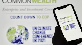 A hand holds a mobile phone with the COP26 logo on screen. (Golibtolibov / Stock.Adobe.Com)