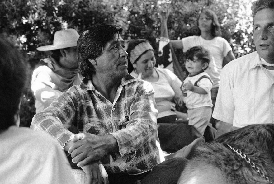 Cesar Chavez is shown during a rest period at a school on the outskirts of Sacramento during march, Aug. 1, 1975.