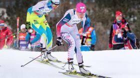 Sadie Bjornsen powers through the opening sprint of the Ski Tour Canada stage race. (Reese Brown)