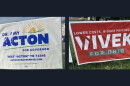 Yard signs advertise campaigns for Ohio Governor candidates Amy Acton (D) and Vivek Ramaswamy (R).