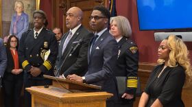 From left: Wayne Drummond, Blaine Griffin, Mayor Justin Bibb, Dorothy Todd and Leigh Anderson stand during a Feb. 19, 2026, news conference to provide an update on Cleveland's consent decree.