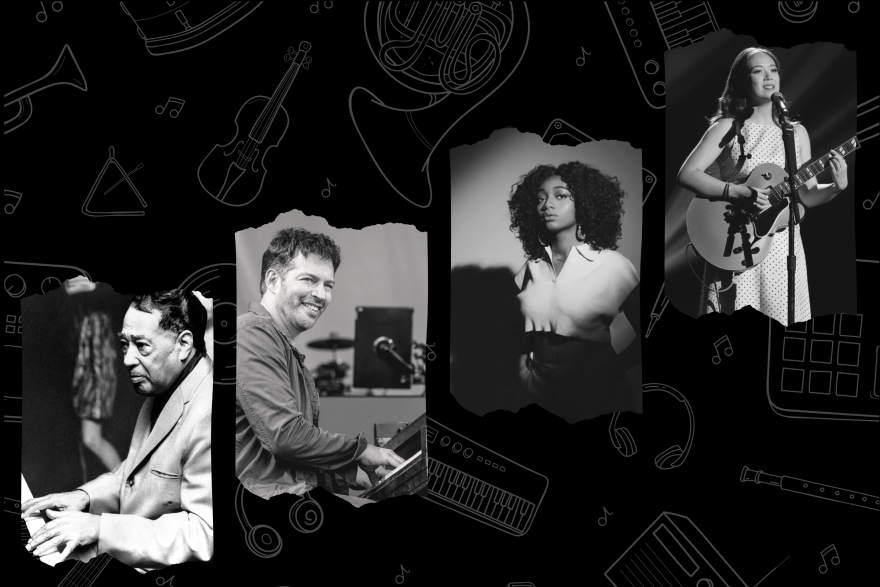 A black and white graphic with four photos on a background with illustrations of musical instruments, music notes, headphones and radios.