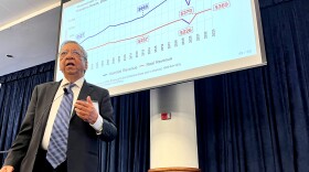 Economist Vinod Agarwal talks about the state of the regional economy during the release of ODU’s Annual Economic Forecast for 2024. (Photo by Ryan Murphy)