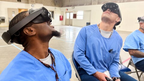 Incarcerated men use virtual reality headsets inside Valley State Prison in Chowchilla, Calif., Dec. 11, 2025.