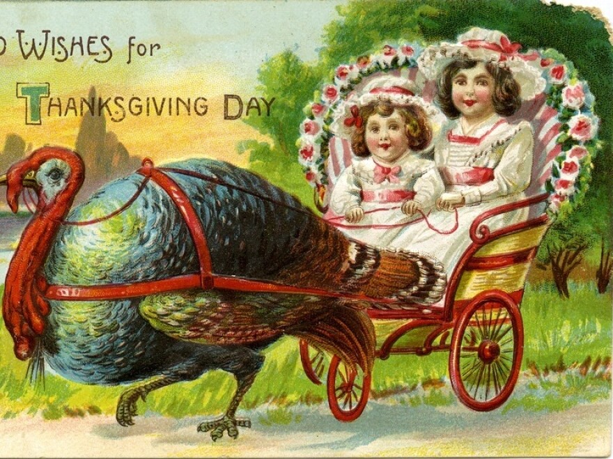 Good Wishes: Detail of a vintage Thanksgiving greeting card.