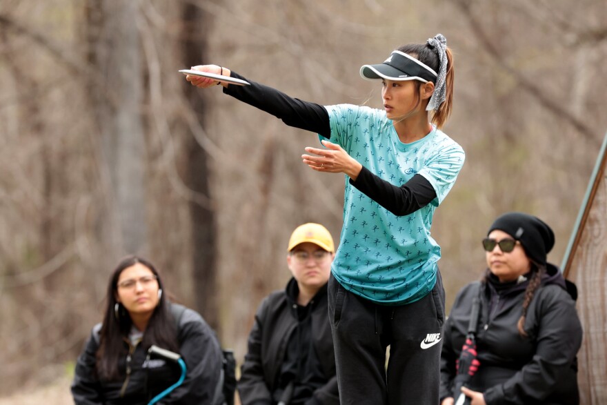 Alexis Kerman aims a disc at the 2022 College Disc Golf National Championship in Marion, NC. Kerman placed fourth in the women's singles competition, and the MU women's team placed first in team D1 competition.