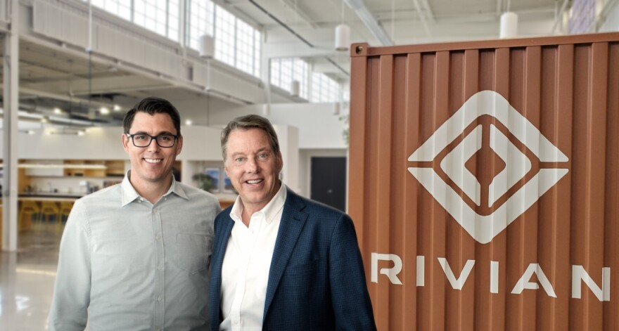 RJ Scaringe, Rivian founder and CEO, left, with Ford Executive Chairman Bill Ford.