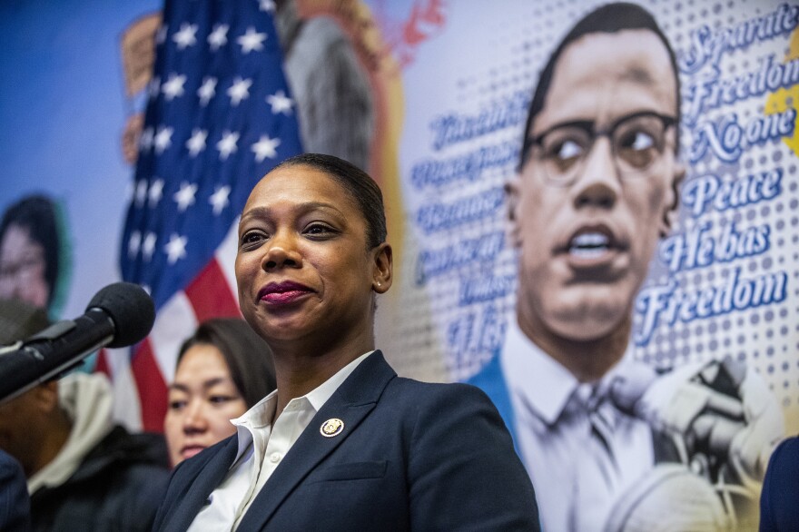 Keechant Sewell speaks to the media in the Queens borough of New York City on Wednesday. New York City Mayor-elect Eric Adams named Sewell, a Long Island police official, as the city's next police commissioner, making her the first woman to lead the nation's largest police force.