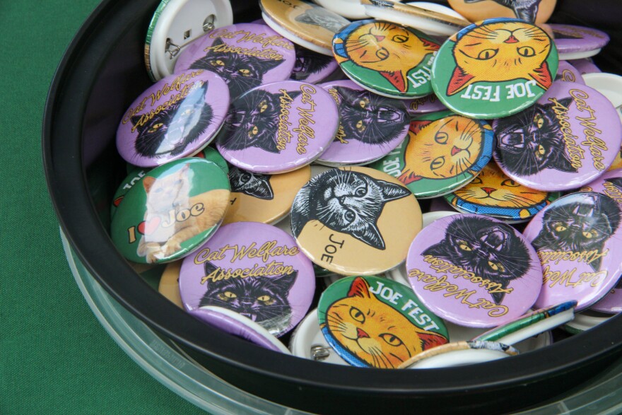 A tray with four different buttons sits on a table. Some buttons say "Joe Fest" with a photo or illustration of an orange cat. Others say "Cat Welfare Association" with a hissing black cat.