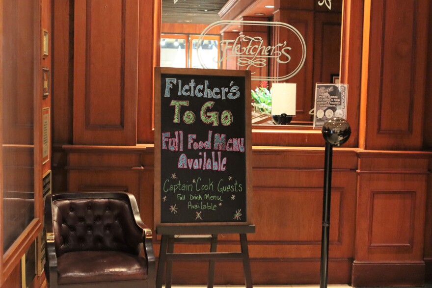 Fletcher's, one of the restaurants at the Hotel Captain Cook in Anchorage, is closed to dine-in service but continues to offer take-out. (Tegan Hanlon/Alaska Public Media)
