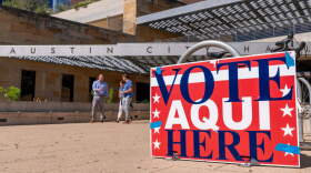 A voting sign written in Spanish and English is seen during the presidential primary in Austin, Texas on March 5, 2024. (Suzanne Cordeiro/AFP via Getty Images)