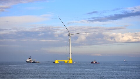 A 9.5 MW floating wind turbine being towed to its home off the coast of Scotland. Plans call for a series of floating turbines in the ocean about 50 miles from Morro Bay.