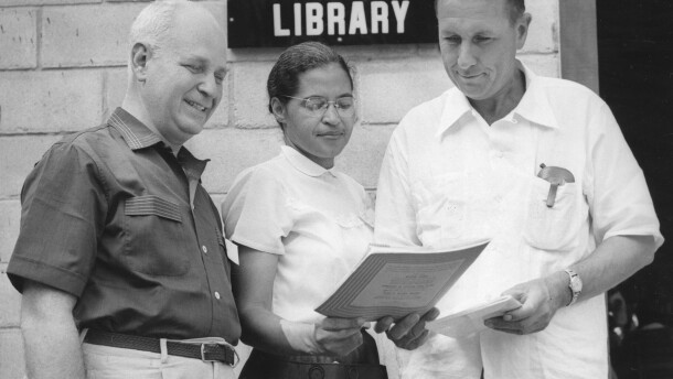 FILE - In this undated photo provided by the Nashville Banner Archives, Nashville Public Library, Special Collections, Rosa Parks, center, and Myles Horton, right, meet at the Highlander Library in Monteagle, Tenn. (Nashville Banner Archives, Nashville Public Library, Special Collections via AP)