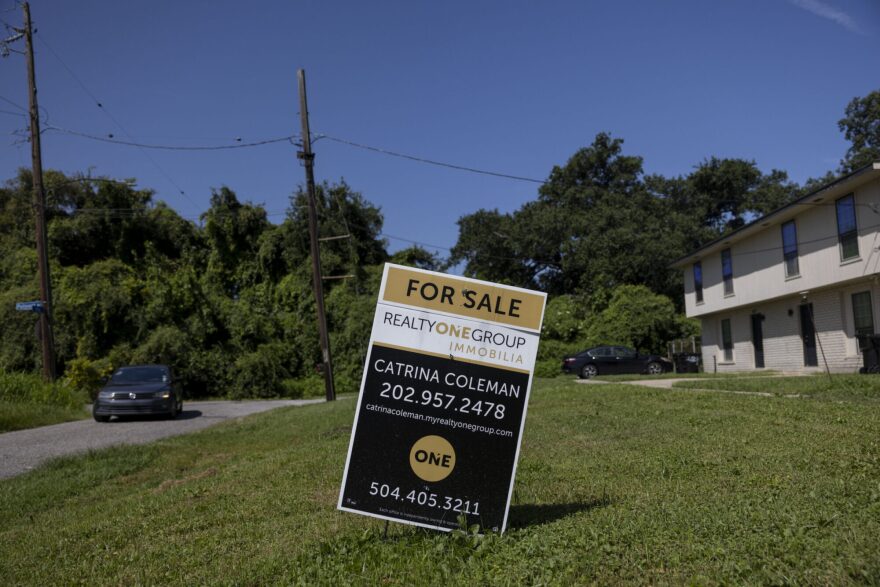 A for-sale sign in New Orleans East on July 28, 2025.