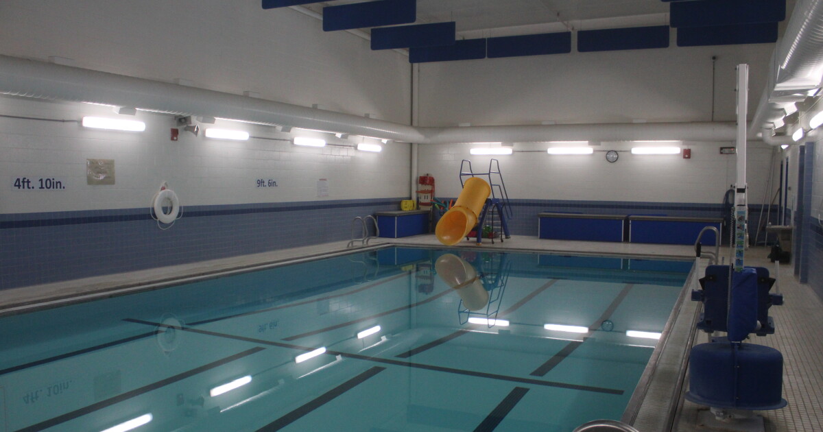 Lights illuminate the pool at the K-12 Ninilchik School on Wednesday, July 9, 2025 in Ninilchik, Alaska.