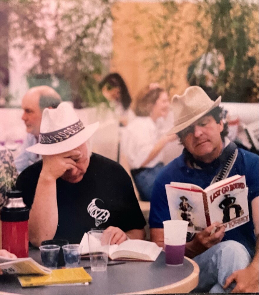 (From L to R:) Ken Kesey and Ken Babbs, reading their joint novel, "The Last Go Round" released in 1995.