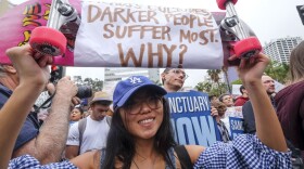 Thousands of people take part in the ``Free the People Immigration March,'' to protest actions taken by President Donald Trump and his administration, in Los Angeles. (Ringo H.W. Chiu/AP)