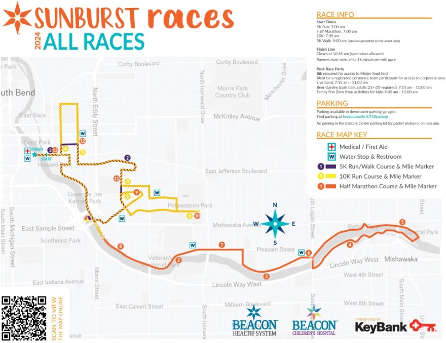 Map of Sunburst race routes for the races on June 1, 2024 in South Bend.