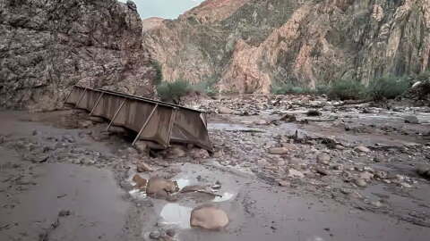 A footbridge rests downstream of Phantom Ranch after severe flooding destroyed infrastructure in Grand Canyon National Park on Aug. 29, 2026.