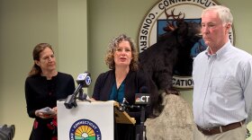 Katie Dykes, commissioner for the Department of Energy and Environmental Protection, encourages Connecticut residents to be bear wise at a press conference in Burlington, Conn. on April 20, 2026.