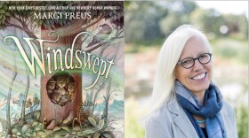 Book cover of the children's novel "Windswept" featuring an illustration of a large tree with children hiding inside, atop a one-eyed troll's head, with whisps of wind sweeping about; also an image of the author, Margi Preus.