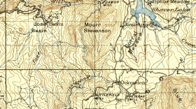 A vintage USGS topographical map shows Pine Ridge in the lower left corner, and Shaver Lake in the upper right c