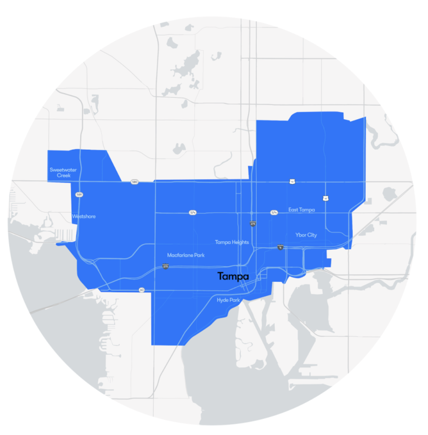 A circular map with an area shaded in blue