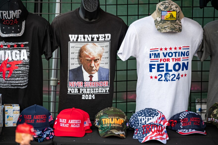 Merchandise for former President Donald Trump for sale at the Republican National Convention in Milwaukee, Wisc.