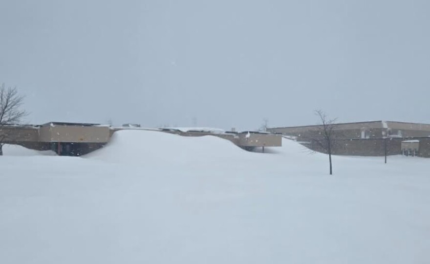 A side entrance to Cheboygan High School on Monday, March 16, 2026. Much of northern Lower Peninsula and eastern Upper Peninsula are under a blizzard warning through Tuesday morning.