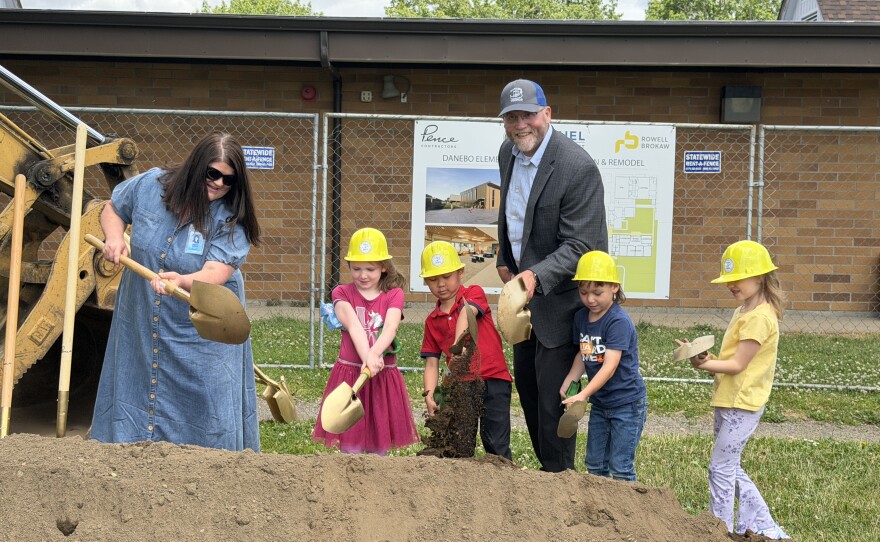 Bethel Superintendent Kraig Sproles participates in the Danebo Elementary School expansion groundbreaking with students, June 10, 2026.