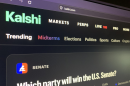 Close-up of a computer screen on the Kalshi website. Along the top are various topics to put wagers on, like midterms and sports. The one featured currently is "Which party will win the U.S. Senate?"