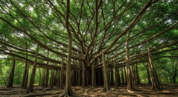 A captivating view of a giant banyan tree with its extensive aerial root system, creating a cathedral-like canopy in a verdant forest. The image showcases the complex root structure and branches,