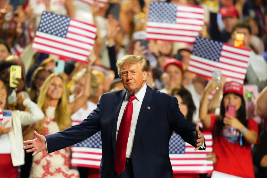 President Donald Trump greets supporters as he arrives on the stage at the Republican convention Thursday, Sept. 10, 2026, in Dallas.